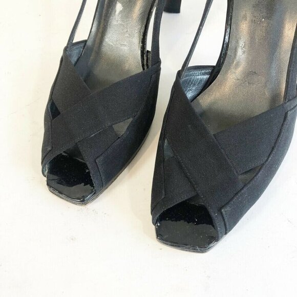 Stuart Weitzman Slingback Leather Pump Heels Womens 8.5 AA Black Peep Toe Buckle - Picture 2 of 8